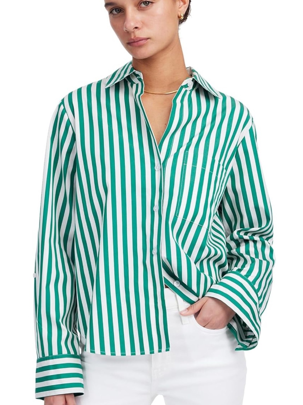 Madewell Green and White Striped Button-Down Shirt